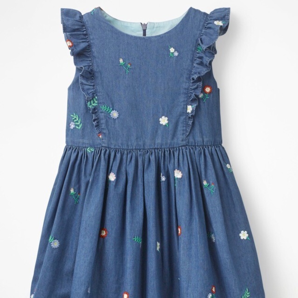 NWT Mini Boden Chambray Embroidered Frill Dress Cotton |  Girls size 11/12